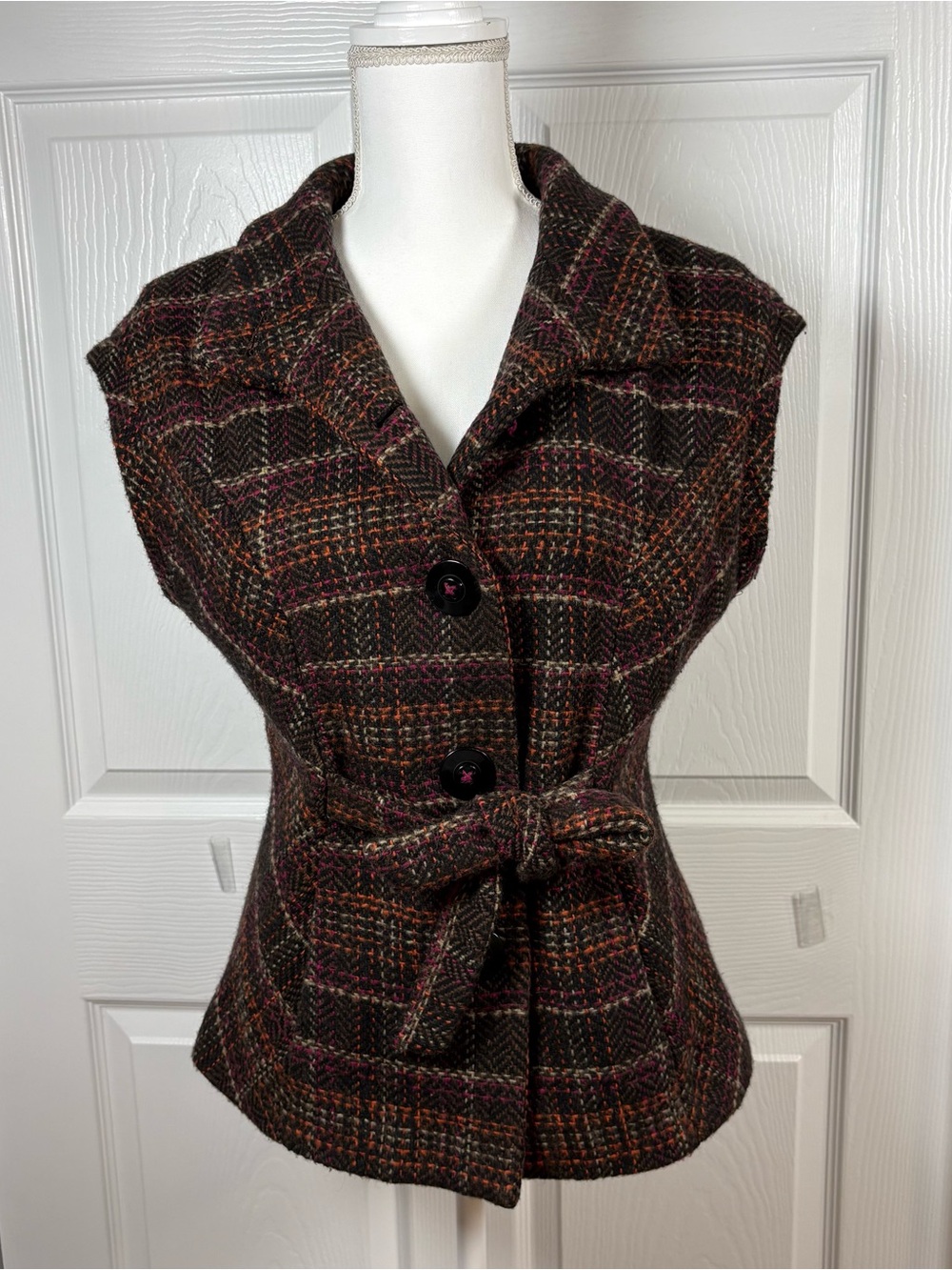 CAbi Brown Plaid Wool-Blend Belted Vest with Pink & Orange Threads